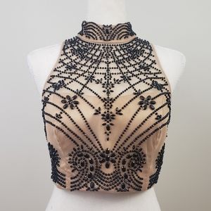 Xscape Black Nude Crystal Beaded Mesh Crop Top